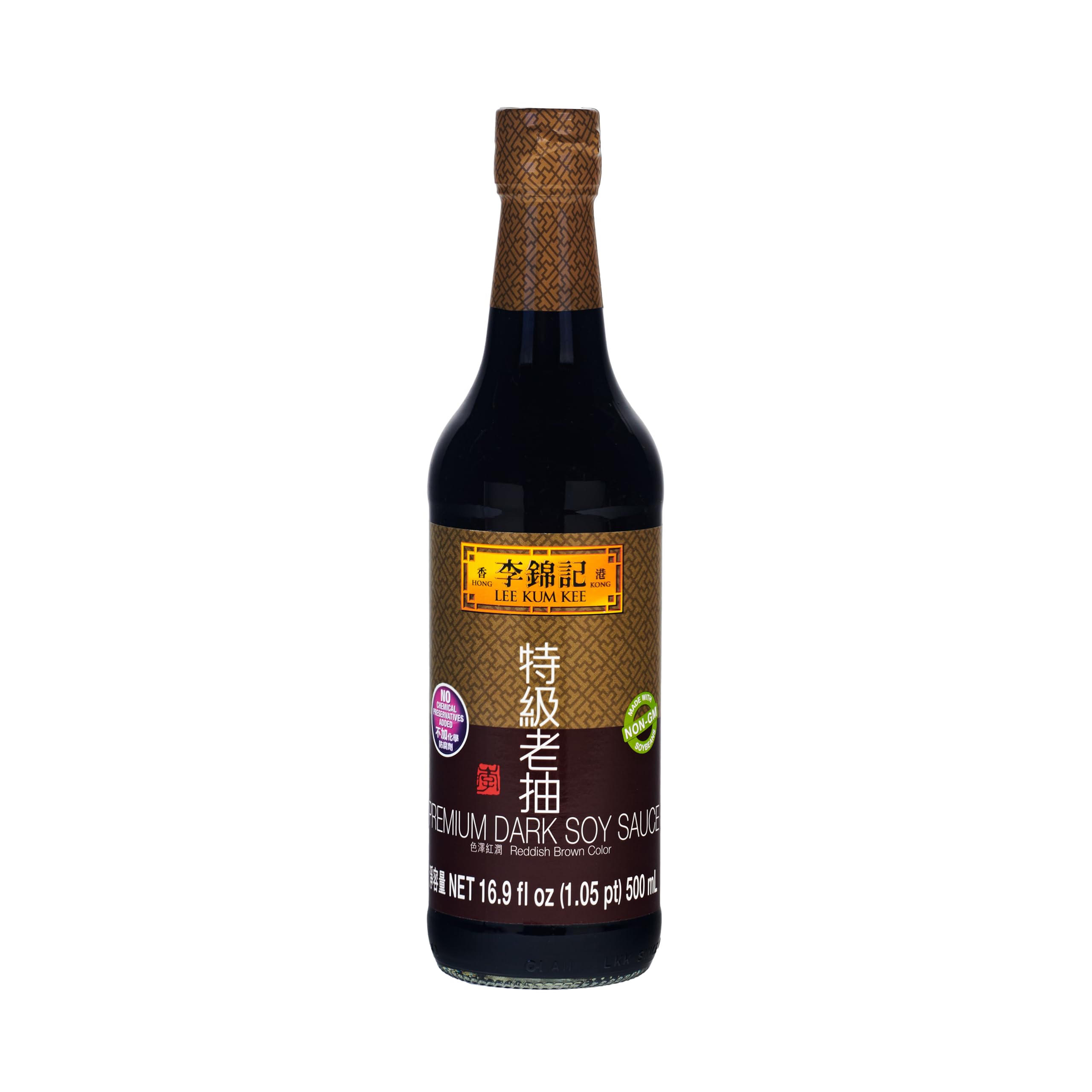 Lee Kum Kee Premium Dark Soy Sauce bottle showcasing rich color for braising and glazing.