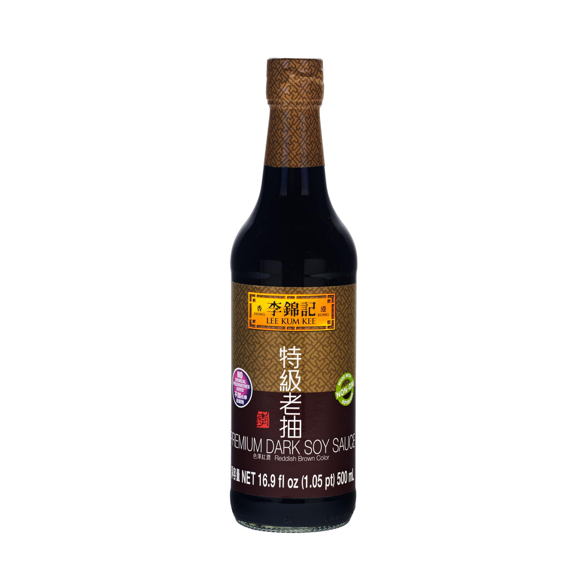 Lee Kum Kee Premium Dark Soy Sauce bottle showcasing rich color for braising and glazing.