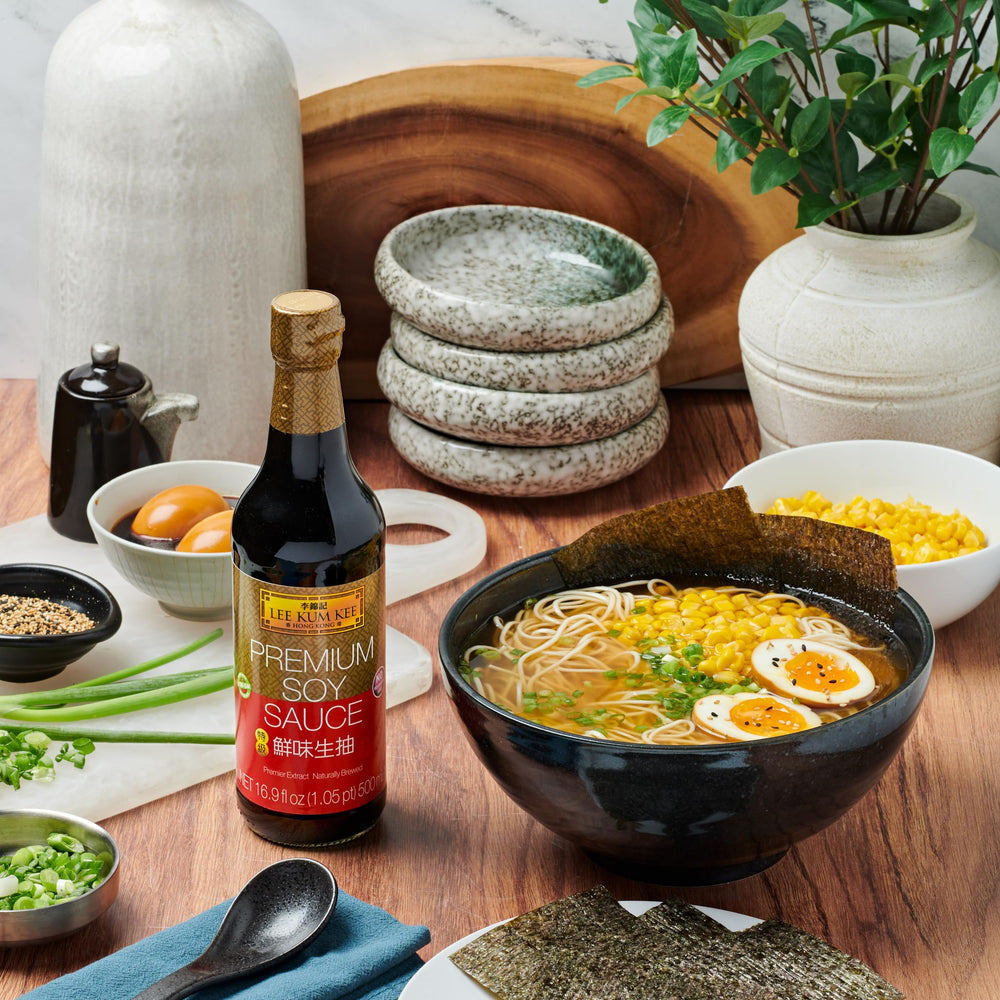 Lee Kum Kee Premium Light Soy Sauce back label showing preservative-free claim