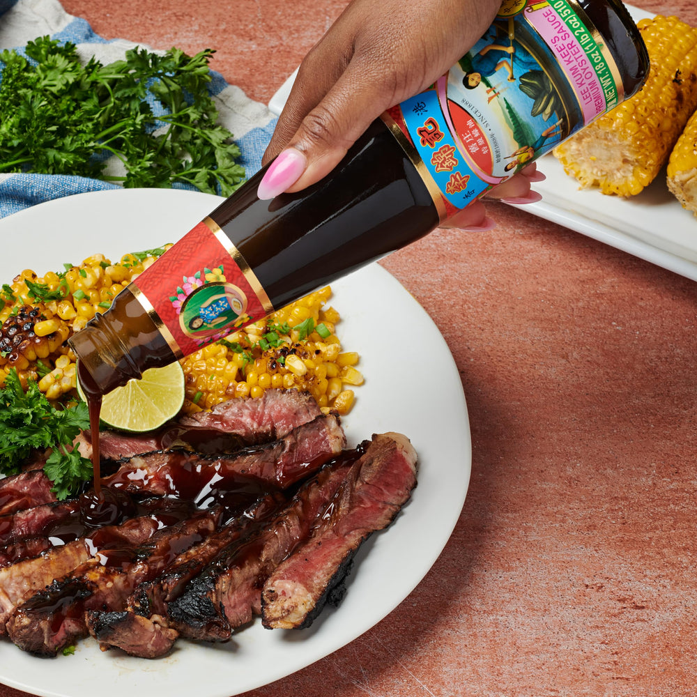 Lee Kum Kee Premium Oyster Sauce marinade shot enhances pork, chicken tenderness.