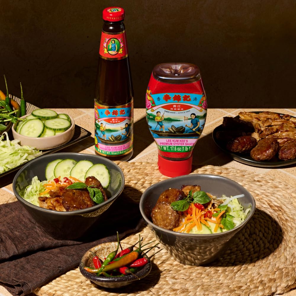Pouring action showing Lee Kum Kee Oyster Sauce over ingredients for quick stir-fries