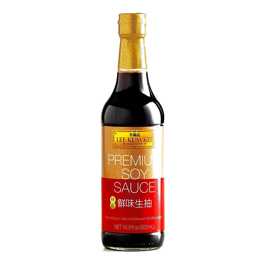 Lee Kum Kee Premium Soy Sauce bottle, angled view, boosts stir-fries with rich umami.