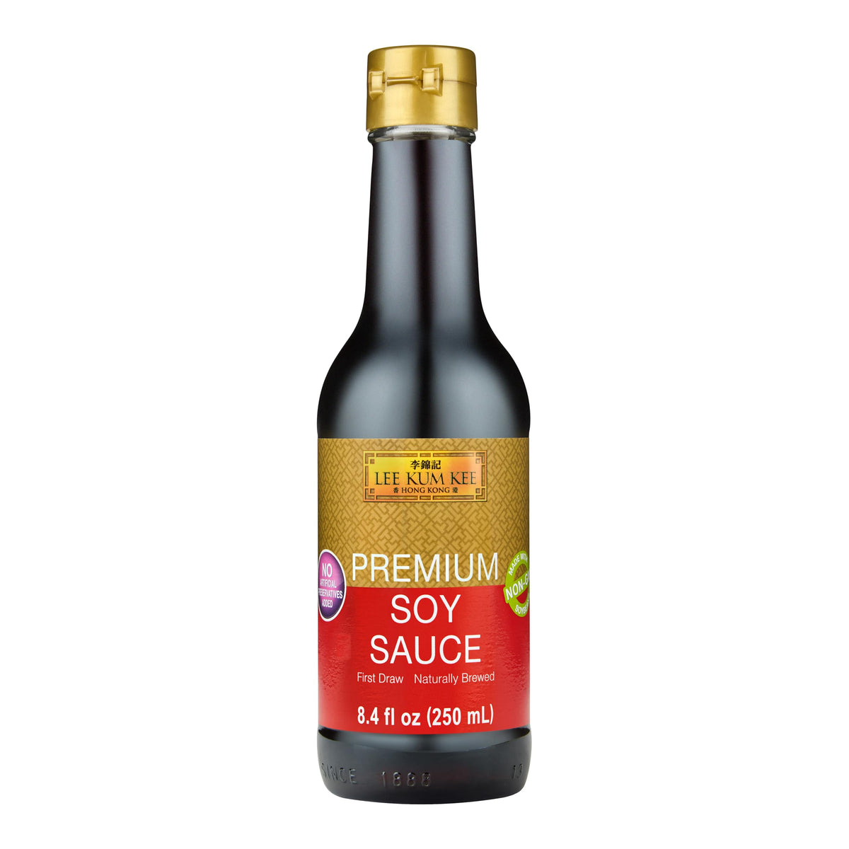 Lee Kum Kee Premium Soy Sauce bottle being poured for rich flavor.