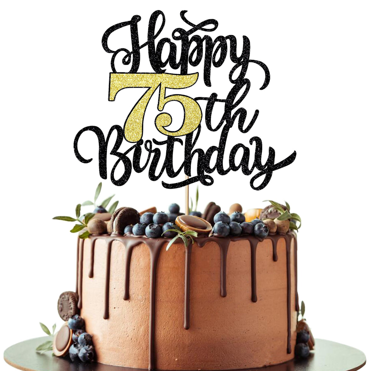 Leetaivie happy 75th birthday cake topper with black-gold glitter for festive celebrations.