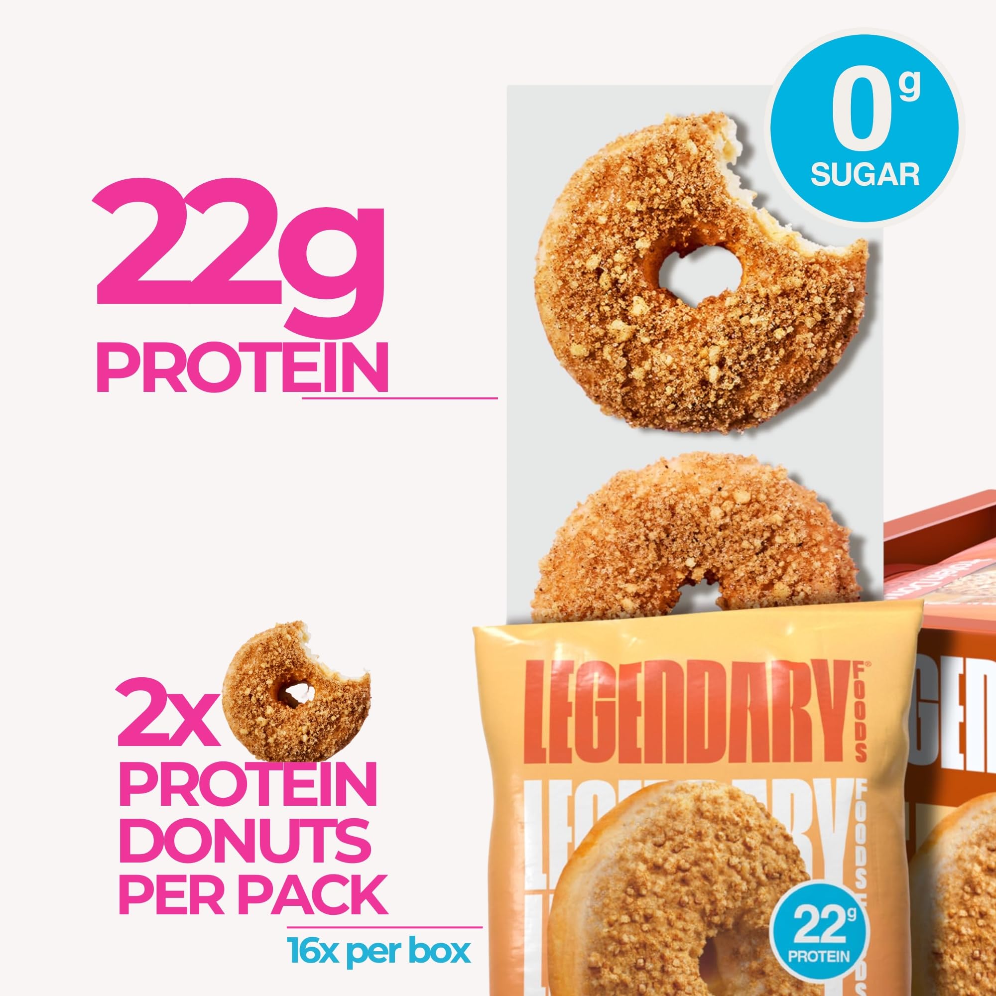 Legendary Foods Protein Donuts eight-pack display, convenient grab-and-go snack.