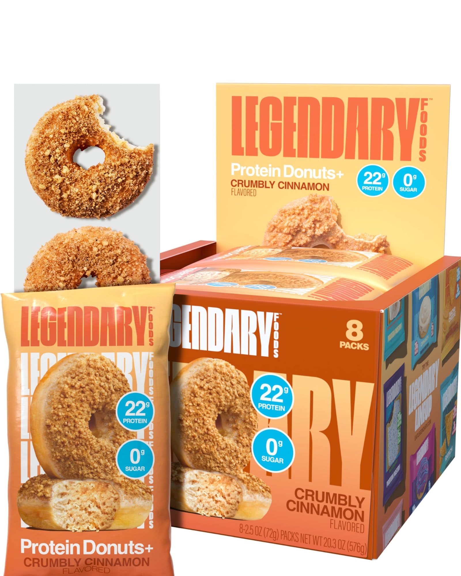 Legendary Foods Protein Donuts cinnamon crumble close-up, high-protein snack.