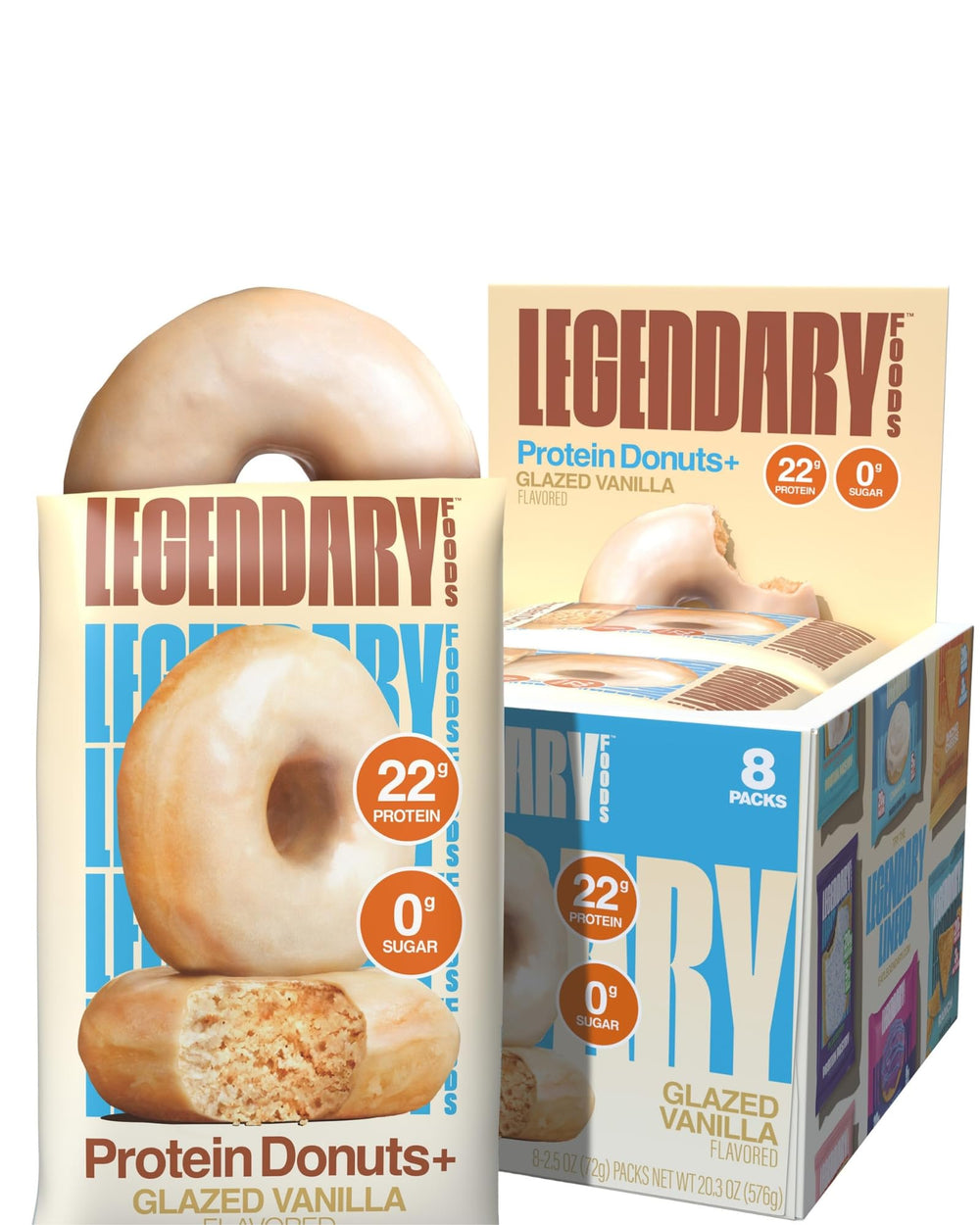 Legendary Foods Protein Donuts glazed vanilla pack highlights 22g protein and zero sugar.