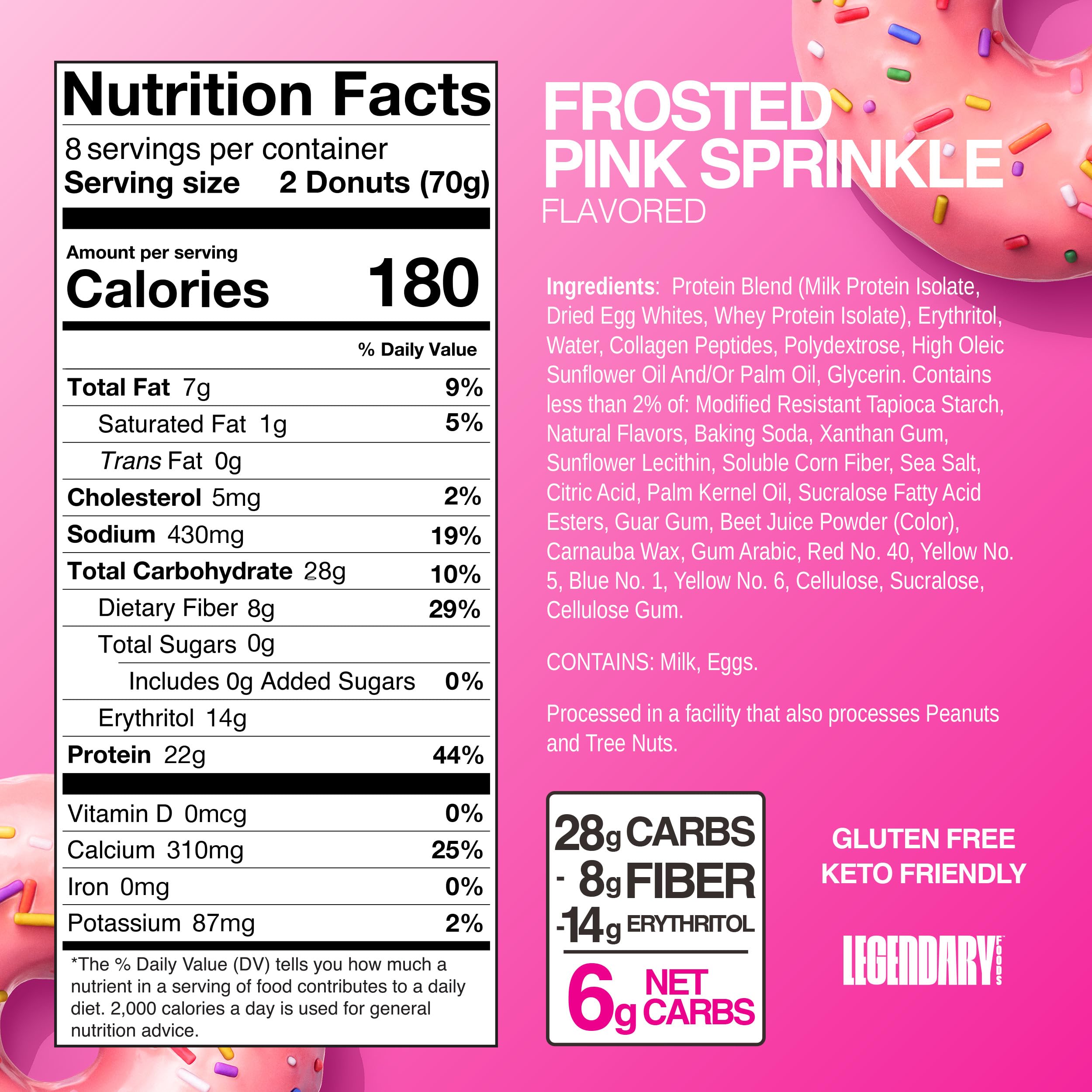 Legendary Foods Protein Donuts pink sprinkle close-up highlighting zero-sugar indulgence