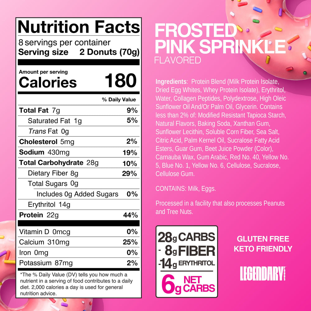 Legendary Foods Protein Donuts pink sprinkle close-up highlighting zero-sugar indulgence
