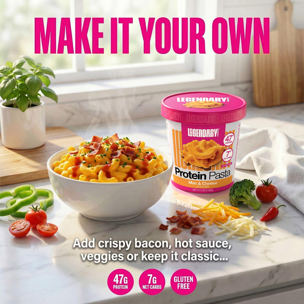 Legendary Foods Protein Mac & Cheese cup opened to reveal creamy cheese sauce