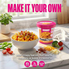 Legendary Foods Protein Mac & Cheese cup opened to reveal creamy cheese sauce