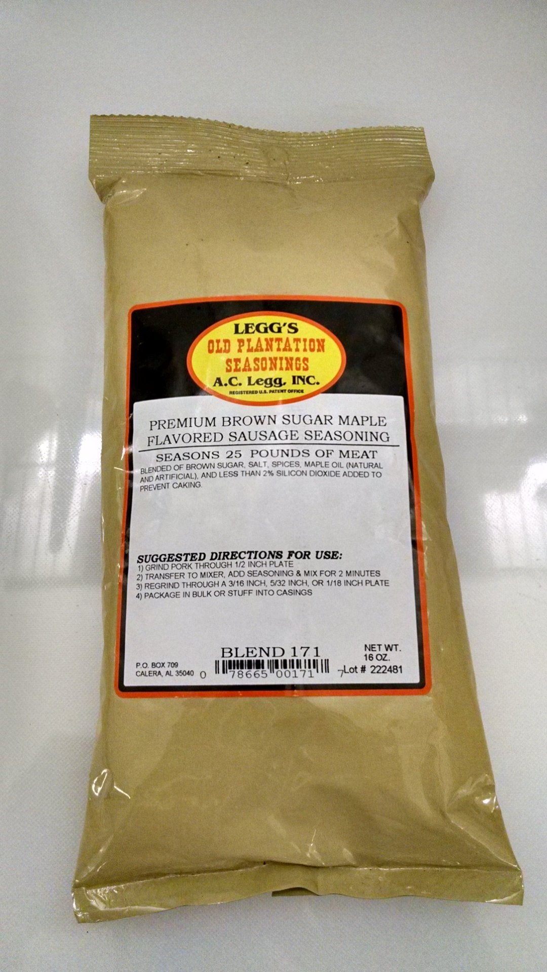 Leggs Old Plantation Brown Sugar Maple Seasoning bottle enhances breakfast sausage aroma and flavor.