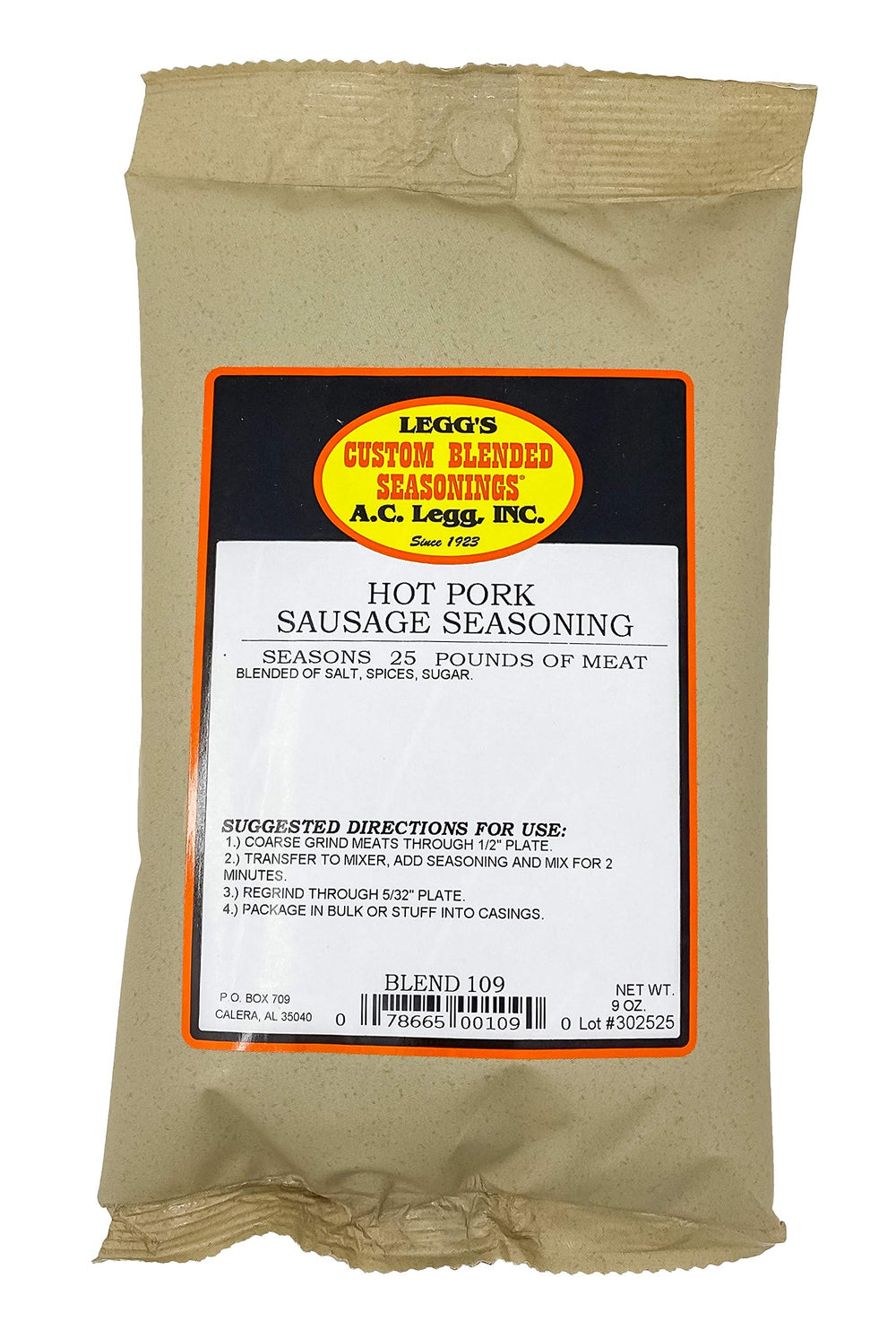 Legg's Old Plantation Hot Pork Sausage Seasoning packaging; ideal for large batches and no MSG