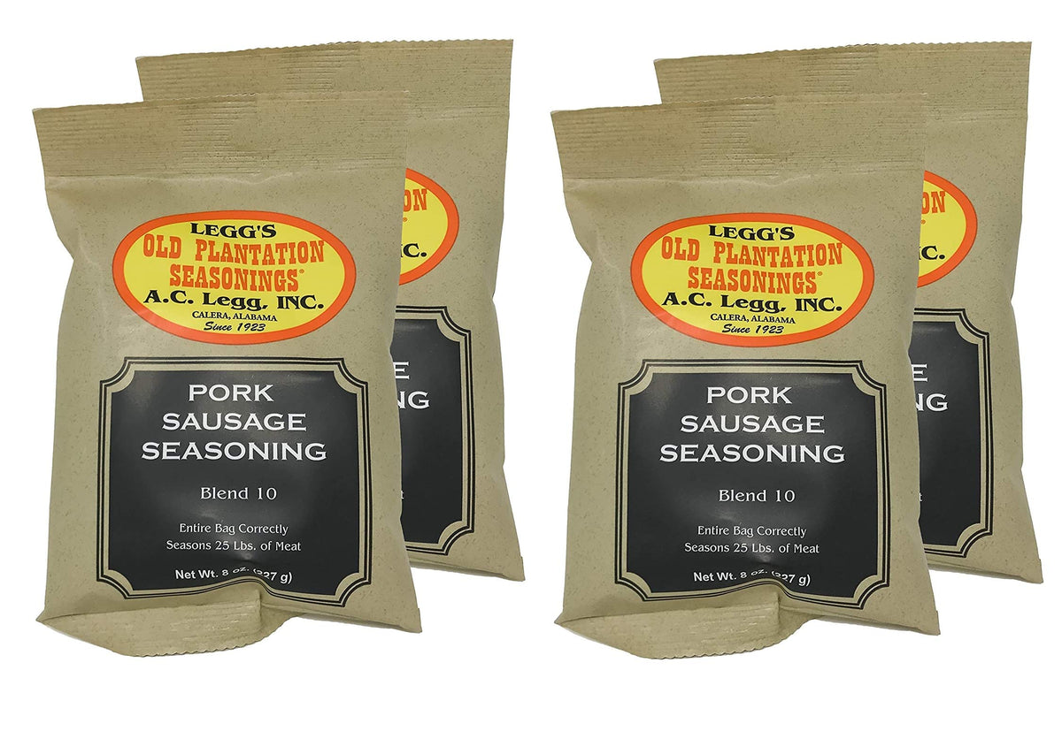 Legg's Old Plantation A.C. Legg Blend 10 Pork Sausage Seasoning bottle for flavorful pork dishes.