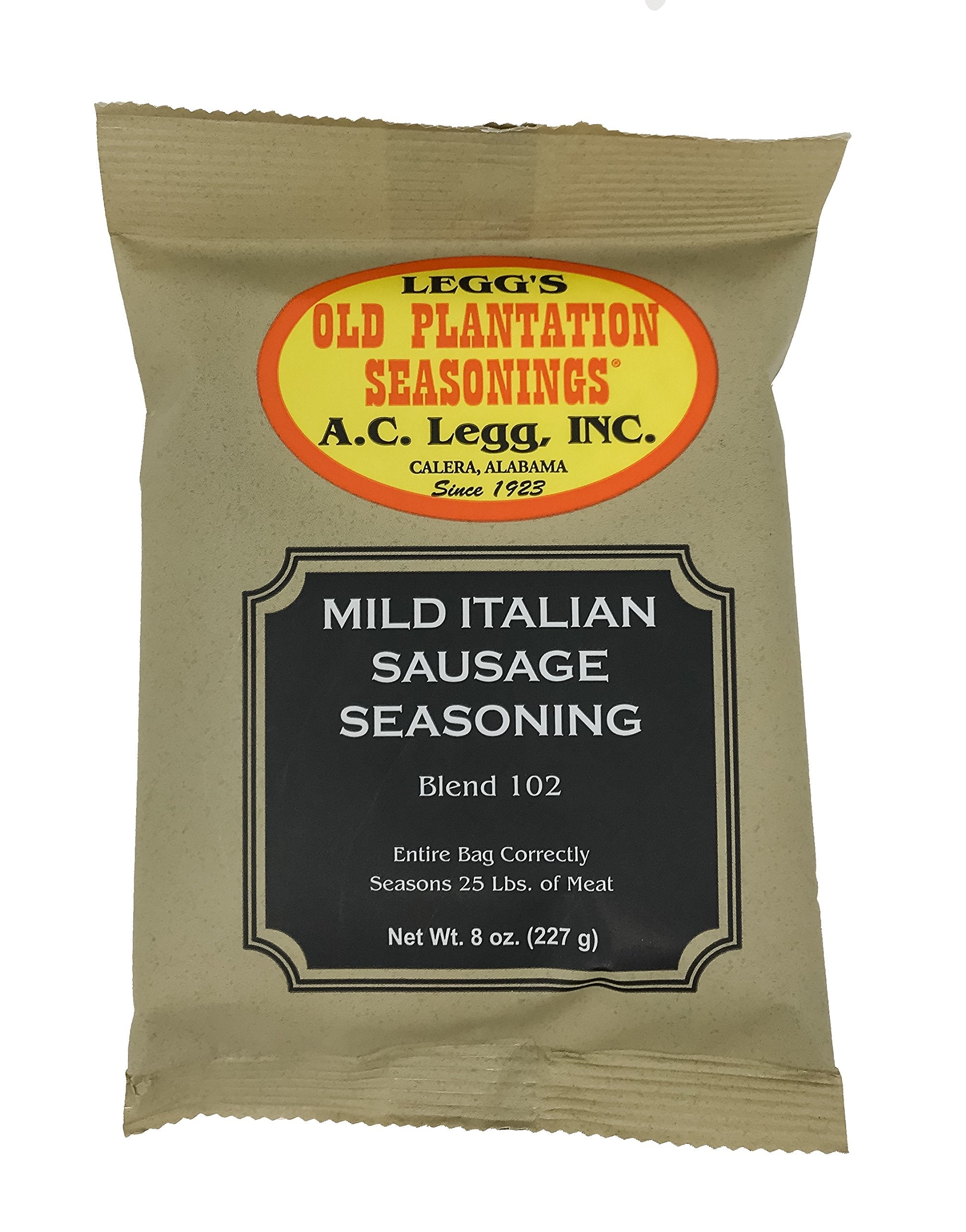 Legg's Old Plantation Mild Italian Sausage Seasoning 8 oz bag enhances flavor for homemade sausage.