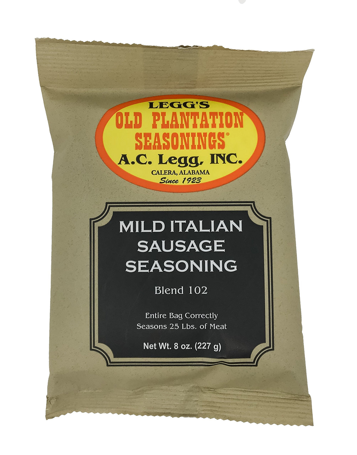 Legg's Old Plantation Mild Italian Sausage Seasoning 8 oz bag enhances flavor for homemade sausage.