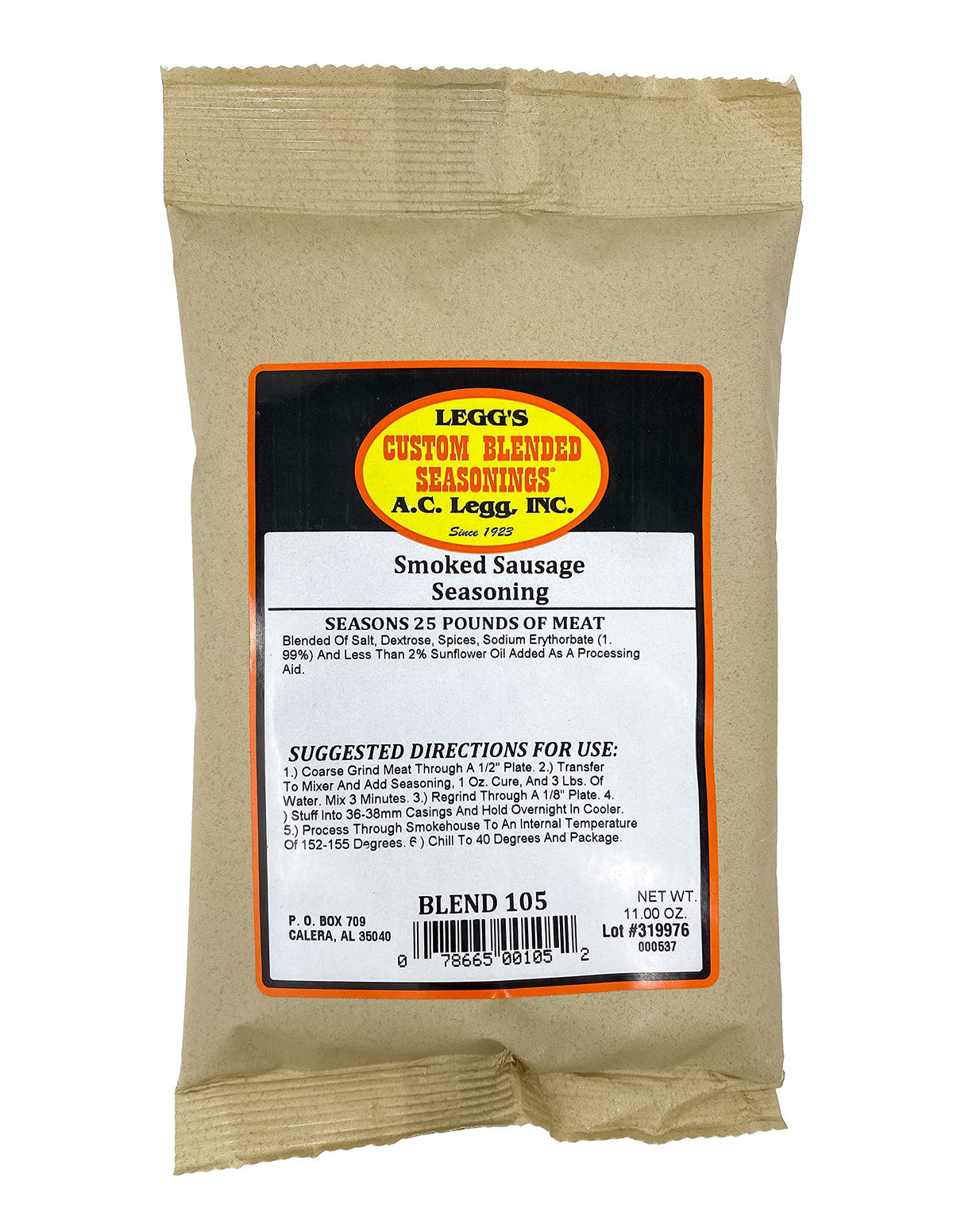 Legg's Old Plantation smoked sausage seasoning bag for large-batch home sausage making.
