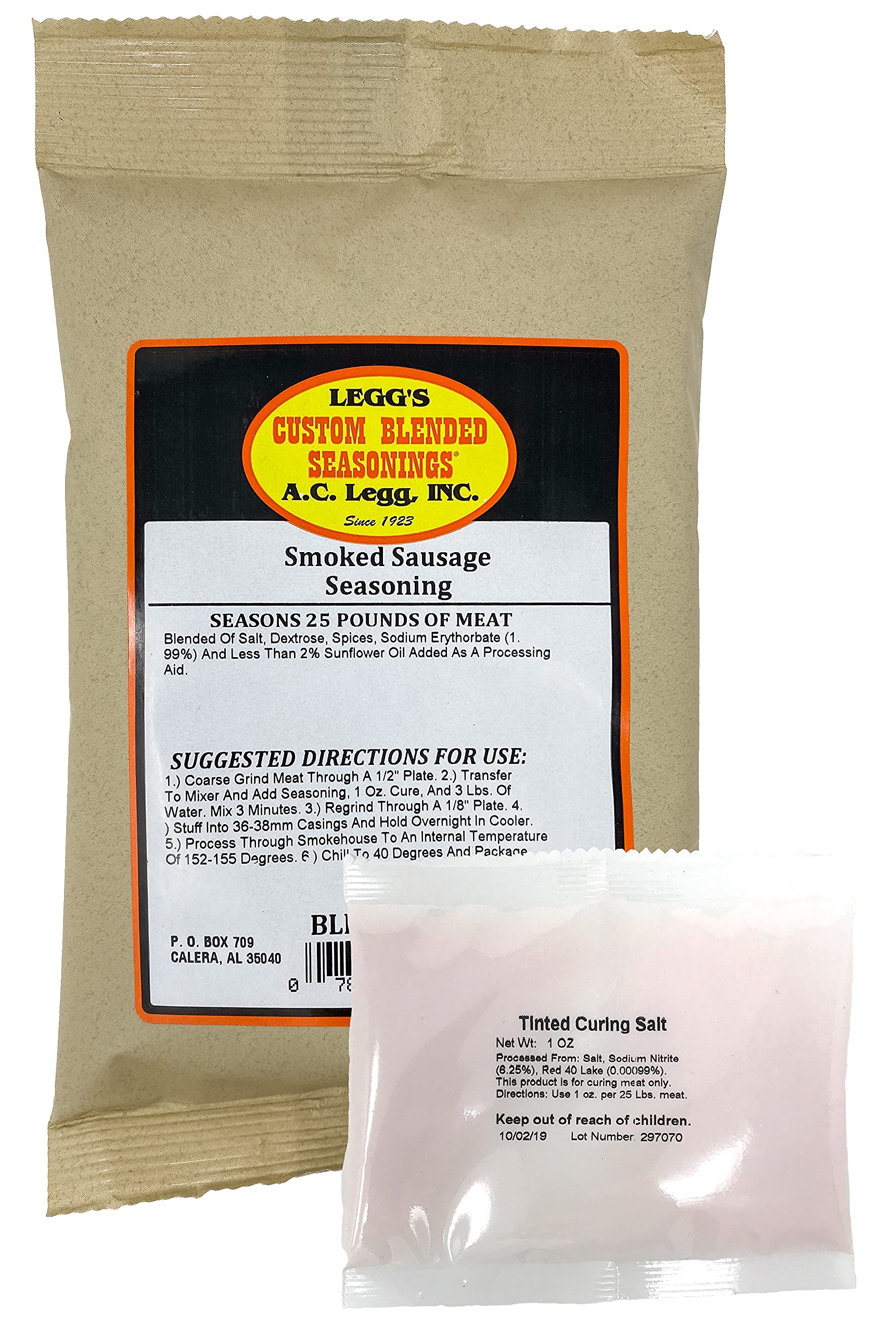 Legg's Old Plantation seasoning with cure packet shown beside the bag for sausage prep.