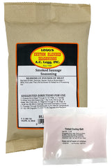 Legg's Old Plantation seasoning with cure packet shown beside the bag for sausage prep.
