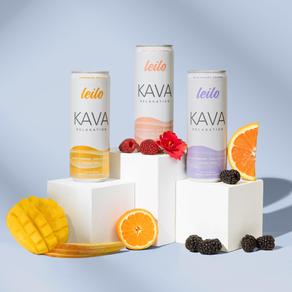 Leilo Kava Tangerine Mango can highlighting refreshing citrus notes for social occasions.