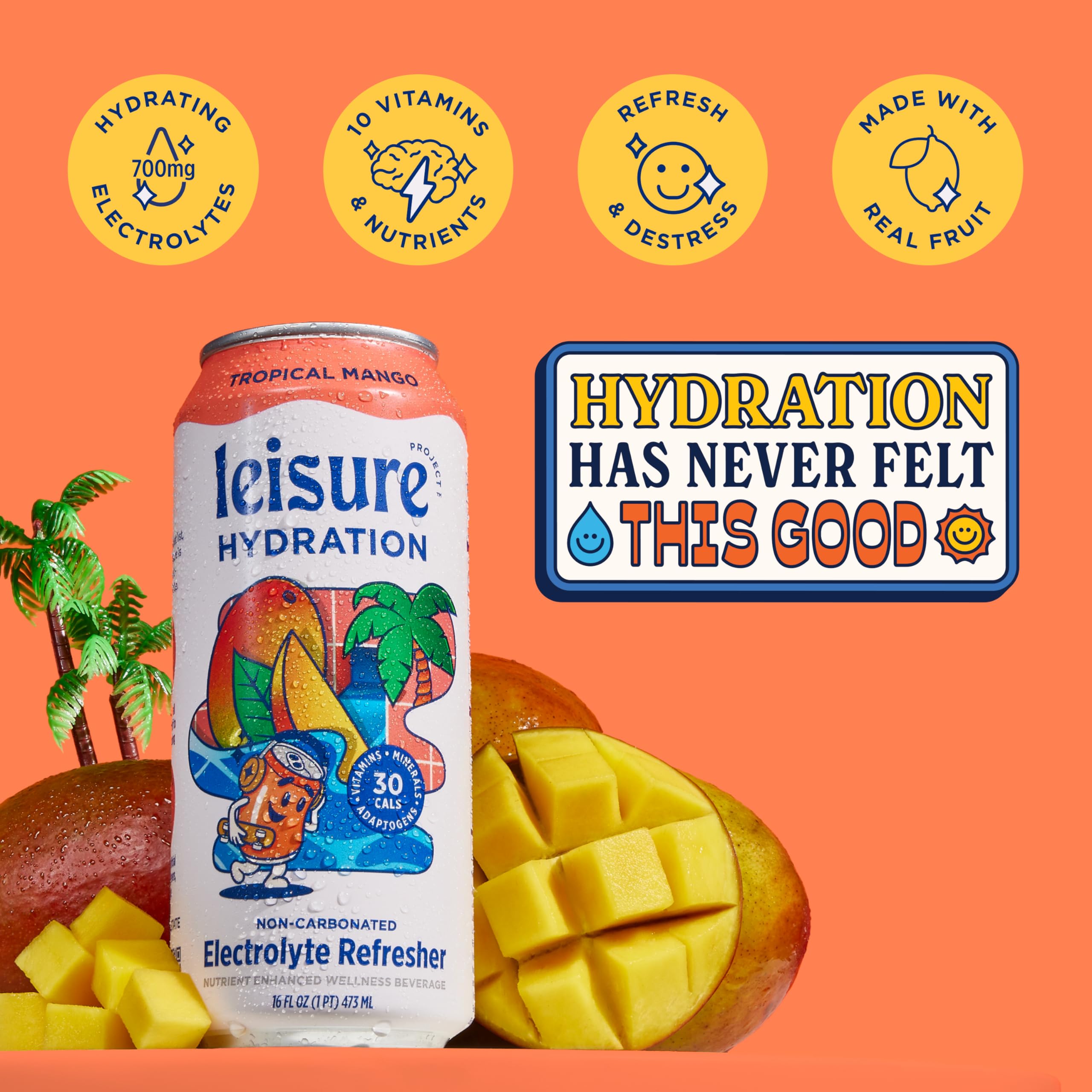 Leisure Hydration ingredients scene highlighting 700mg electrolytes and adaptogens