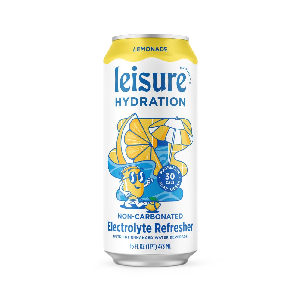 Leisure Hydration lemonade bottle pouring into glass, smooth taste with electrolytes
