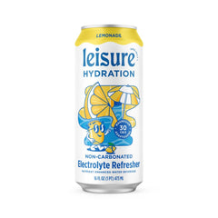 Leisure Hydration lemonade bottle pouring into glass, smooth taste with electrolytes