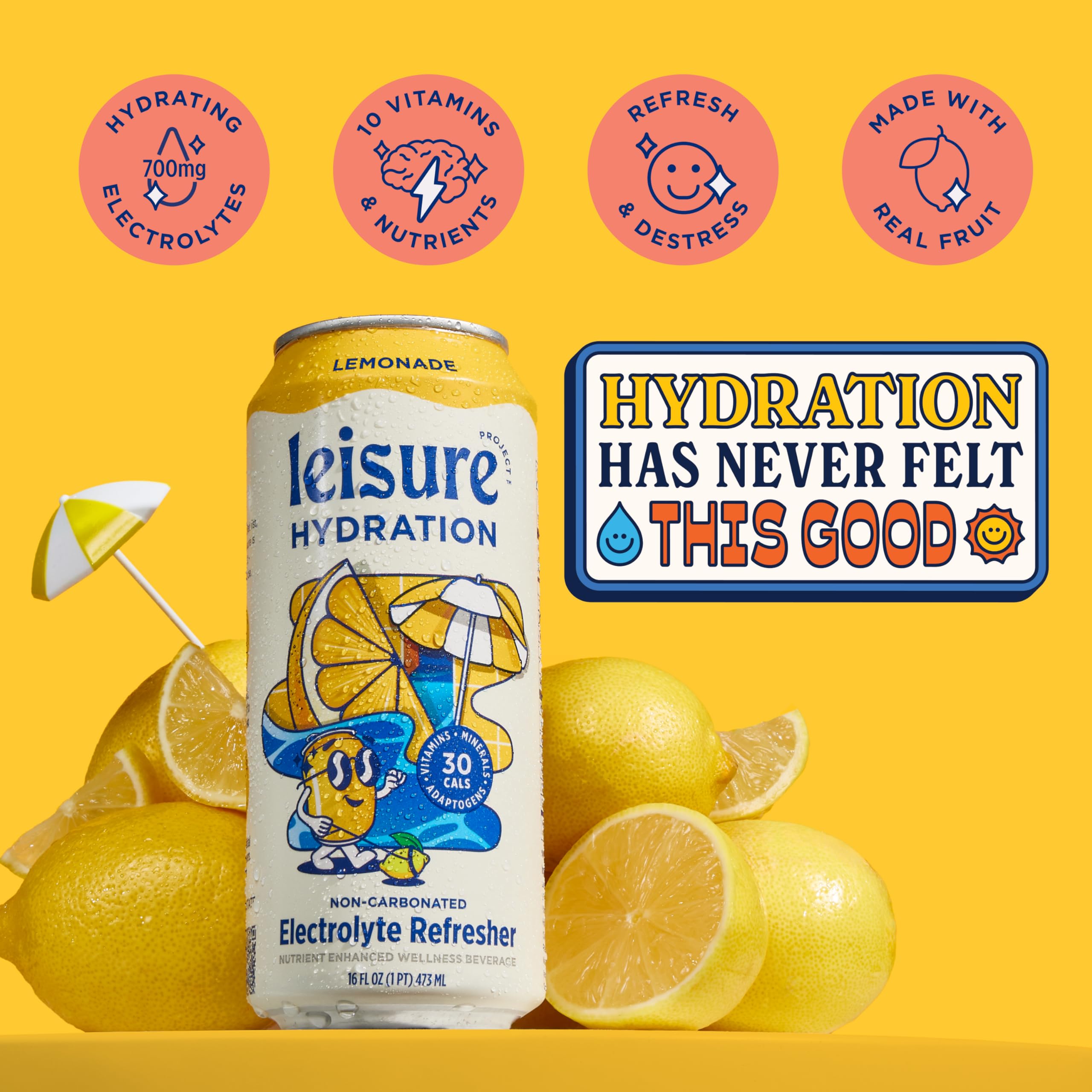 Leisure Hydration lemonade can in hand, mood support from ashwagandha and L-theanine