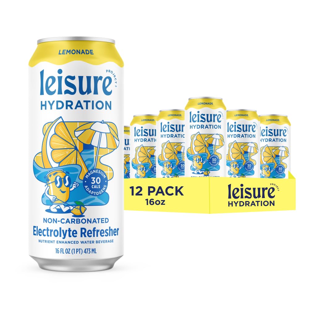 Leisure Hydration lemonade can on table, refreshing electrolyte boost for daily hydration