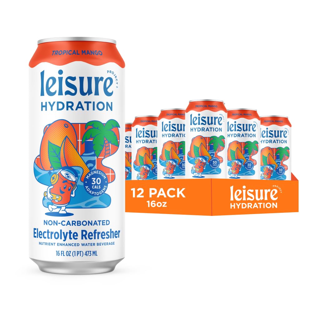 Leisure Hydration Tropical Mango bottle showing refreshing electrolytes for daily hydration