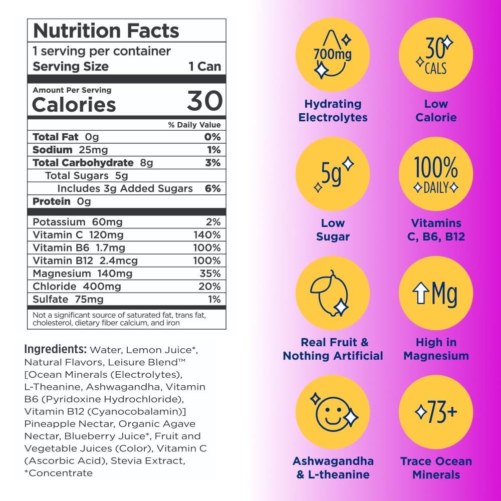 Leisure Hydration Wild Blueberry can closeup highlights bold flavor and natural ingredients.