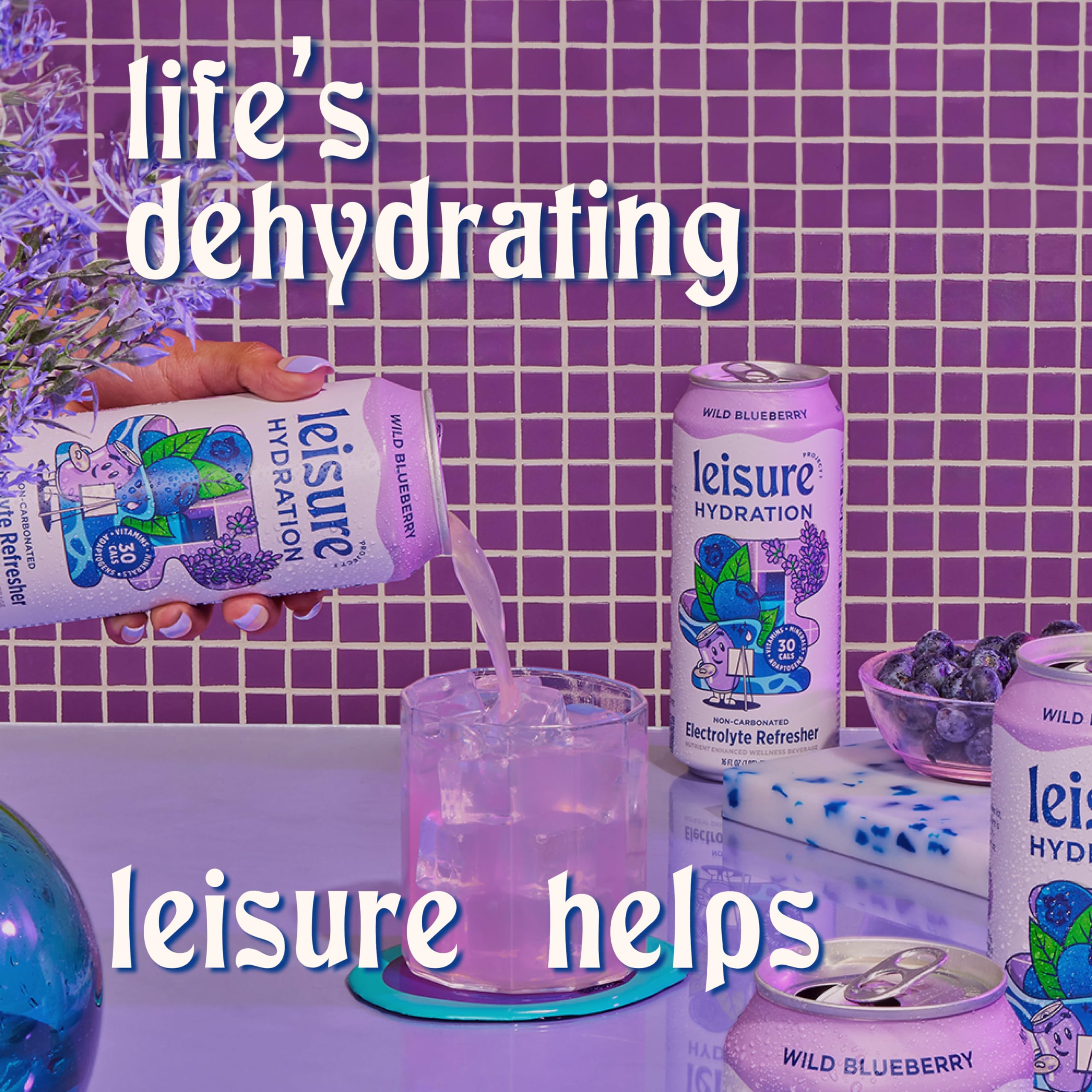 Leisure Hydration Wild Blueberry eco can highlights recyclable packaging.