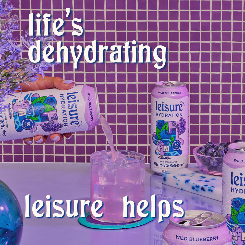 Leisure Hydration Wild Blueberry eco can highlights recyclable packaging.