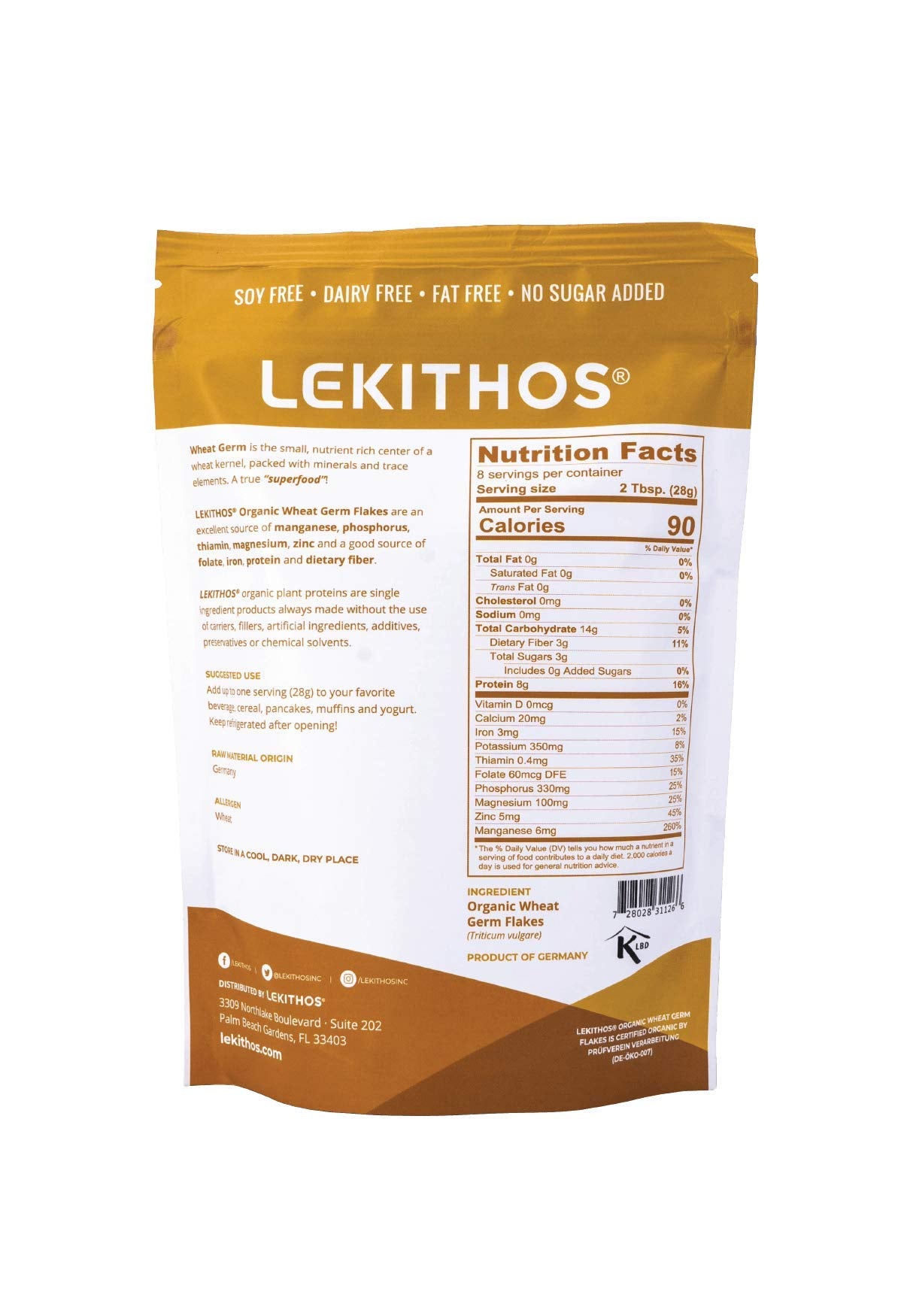 Scoop of Lekithos wheat germ flakes showing convenient, ready-to-use protein and fiber.