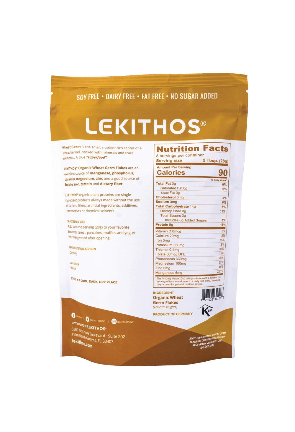 Scoop of Lekithos wheat germ flakes showing convenient, ready-to-use protein and fiber.