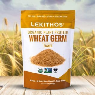 Pancakes topped with Lekithos wheat germ flakes for a nutritious morning.