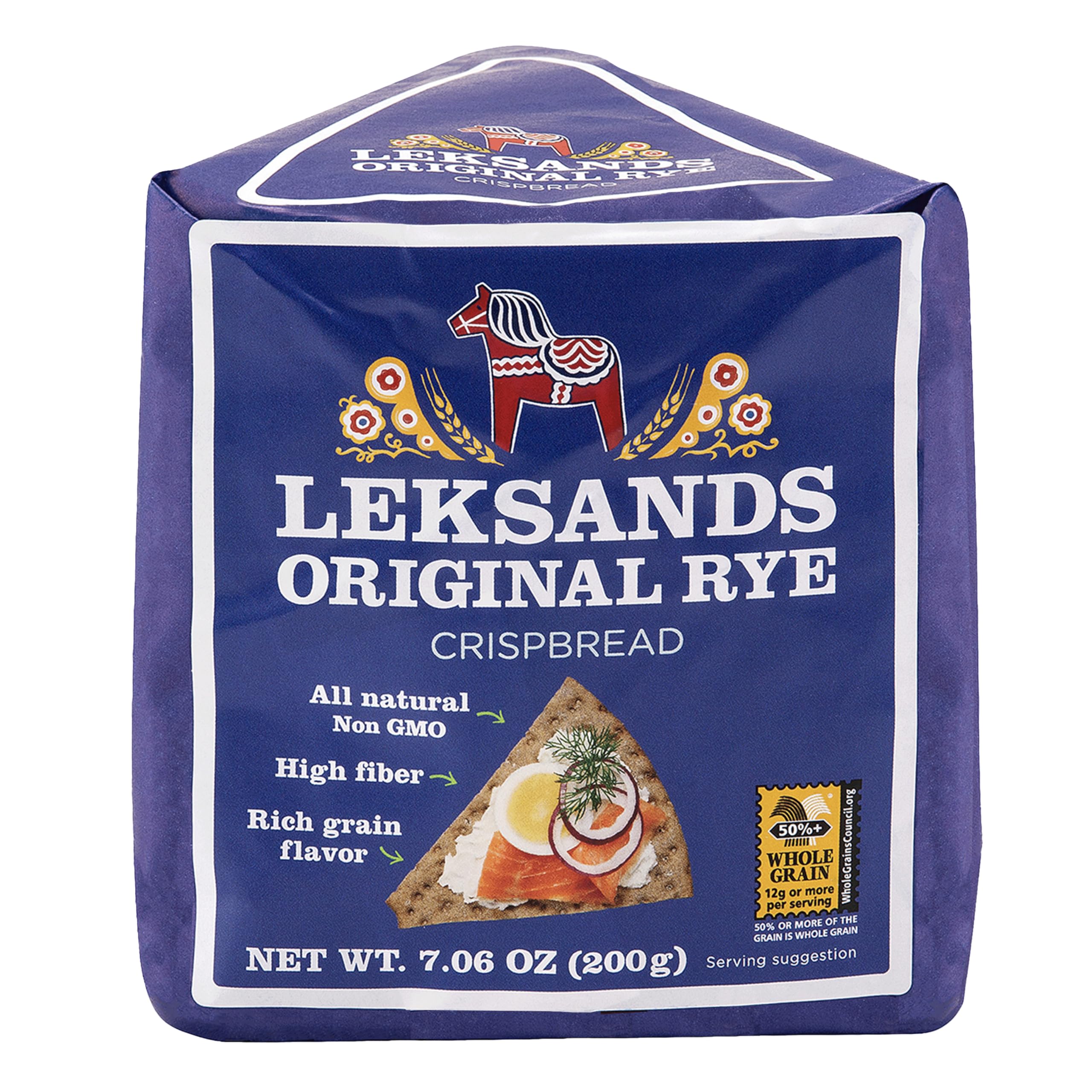 Leksands crispbread packaging shows tradition and non-GMO ingredients for everyday snacking.