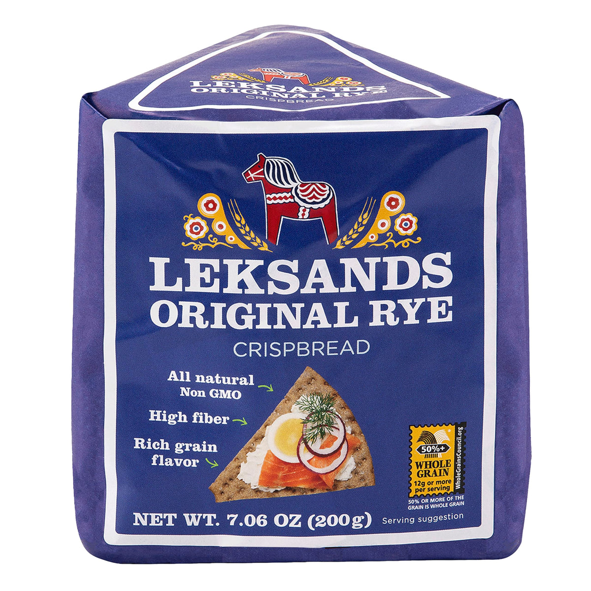 Leksands crispbread packaging shows tradition and non-GMO ingredients for everyday snacking.