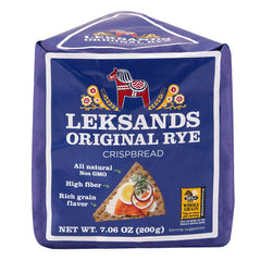 Leksands crispbread packaging shows tradition and non-GMO ingredients for everyday snacking.