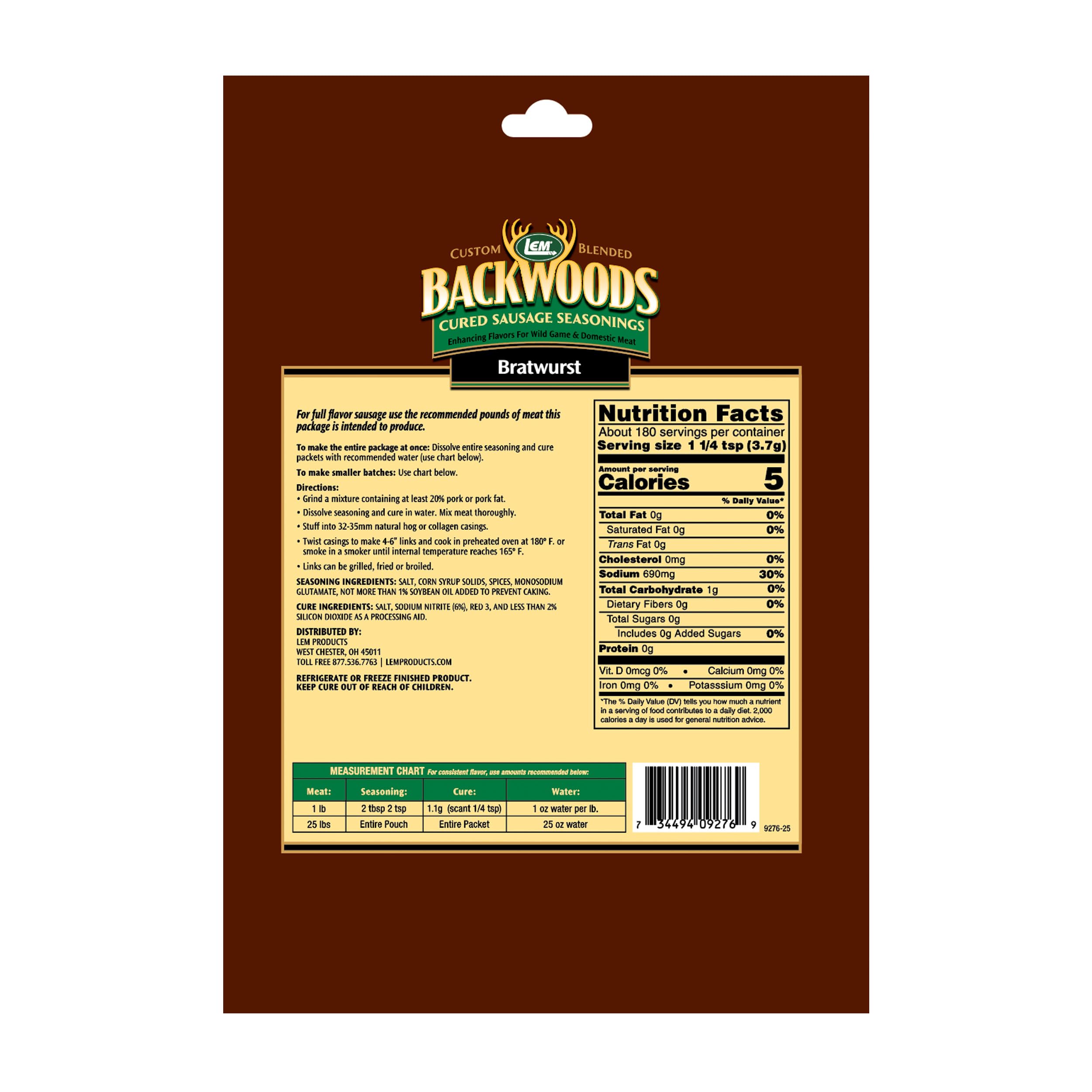 LEM Backwoods Bratwurst seasoning close-up highlights a robust spice blend for sausage.
