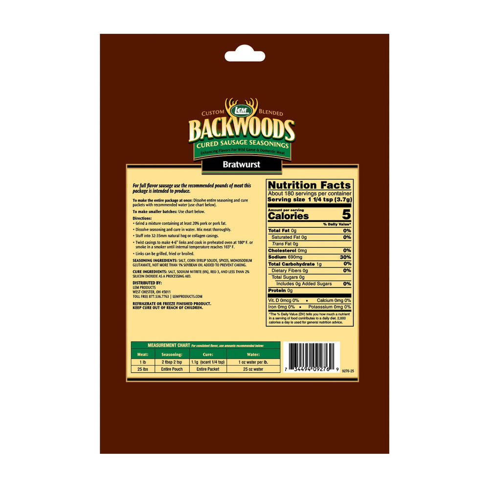 LEM Backwoods Bratwurst seasoning close-up highlights a robust spice blend for sausage.