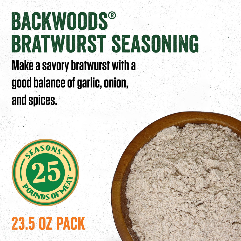 LEM Backwoods Bratwurst seasoning dispensing shot for easy, even seasoning.