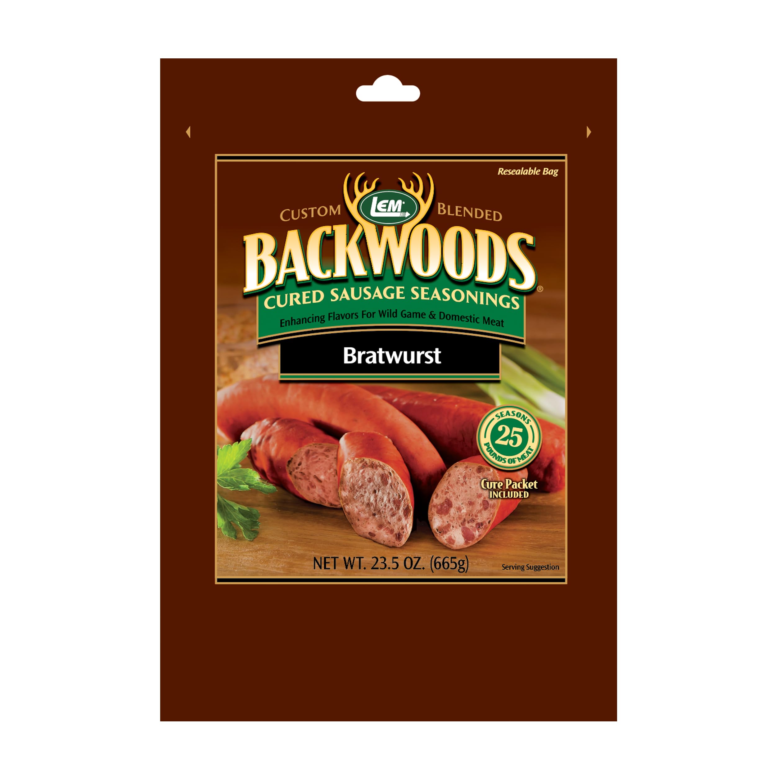 LEM Backwoods Bratwurst seasoning packaging showcases premium fresh sausage flavor.