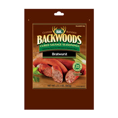 LEM Backwoods Bratwurst seasoning packaging showcases premium fresh sausage flavor.