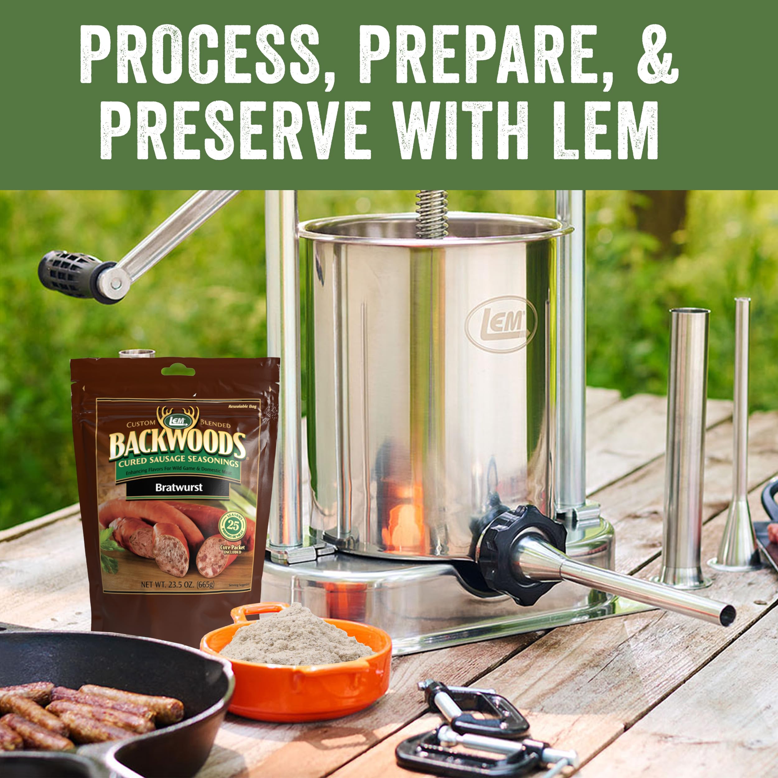 LEM Backwoods Bratwurst seasoning with raw meat boosts sausage making practicality.