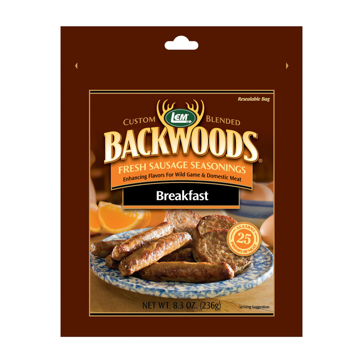 LEM Backwoods Breakfast Seasoning bottle front view for flavorful sausage