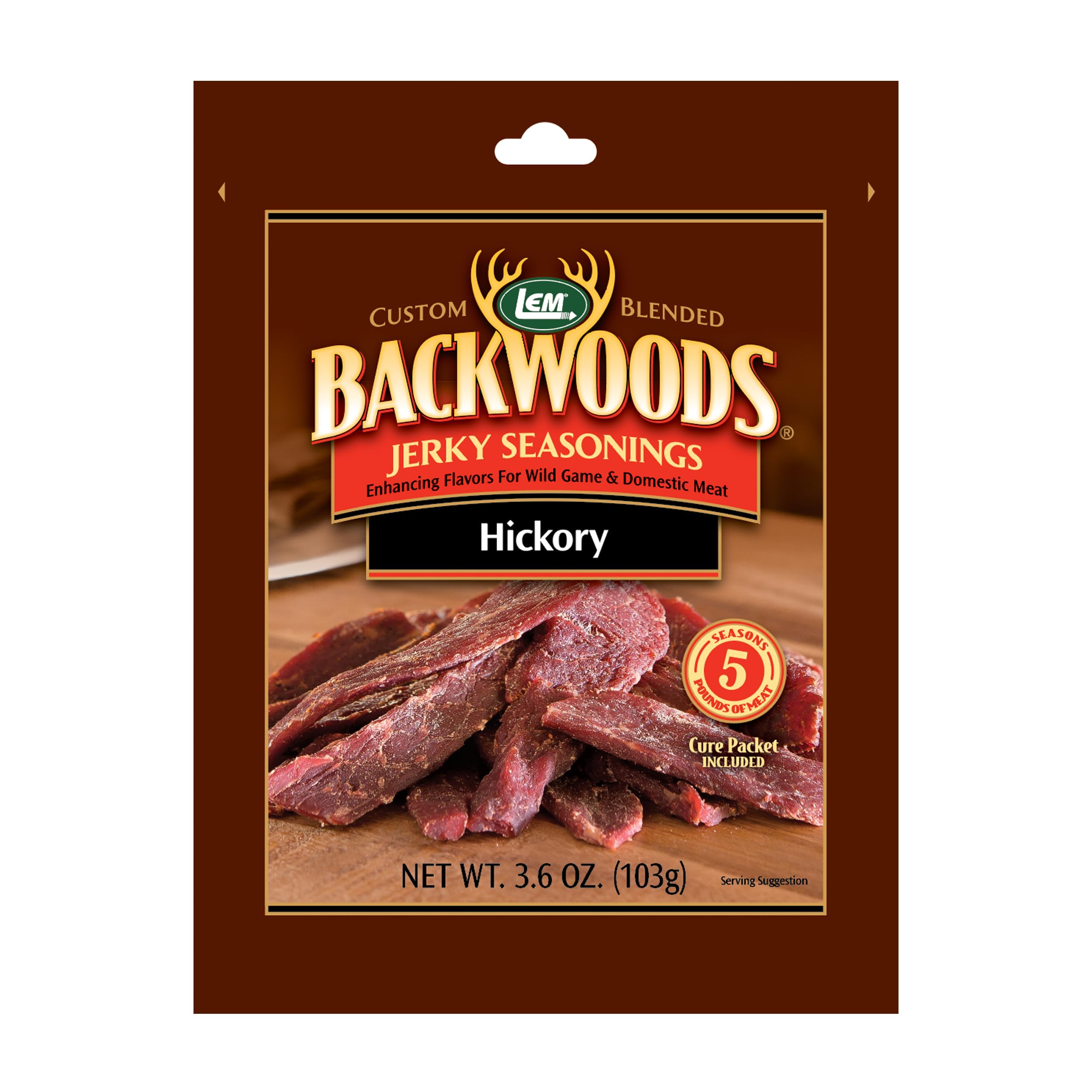 LEM Backwoods Hickory Jerky Seasoning package ready for marinating jerky strips