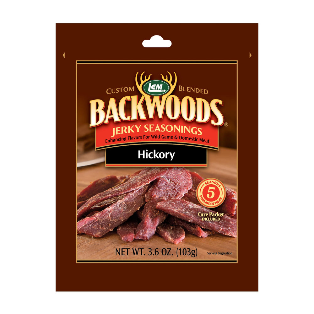 LEM Backwoods Hickory Jerky Seasoning package ready for marinating jerky strips
