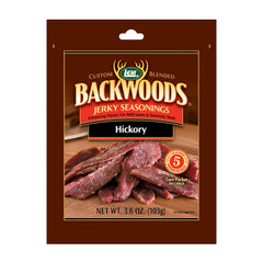 LEM Backwoods Hickory Jerky Seasoning package ready for marinating jerky strips