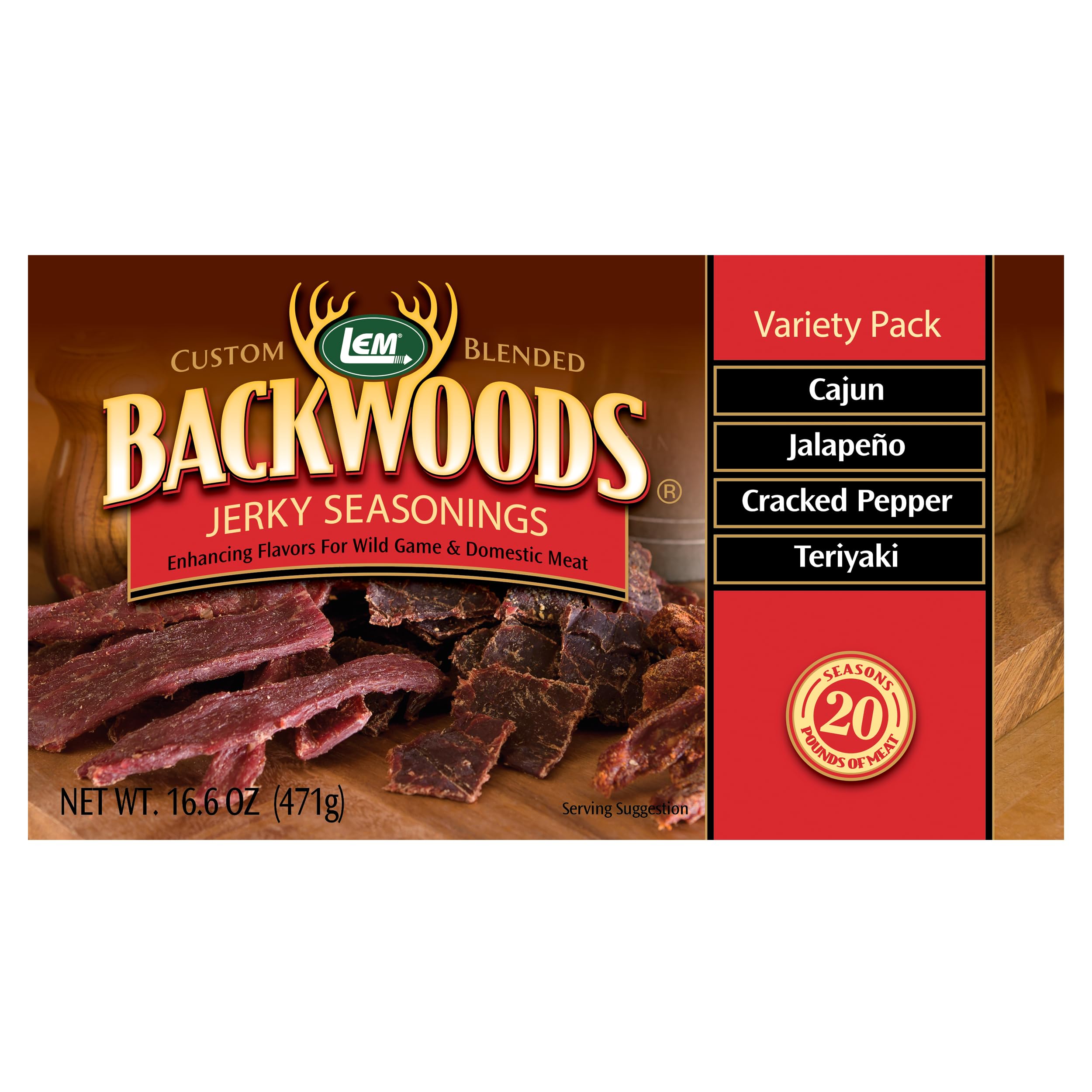 LEM Backwoods Cajun seasoning pour highlights bold spice for marinating meat.